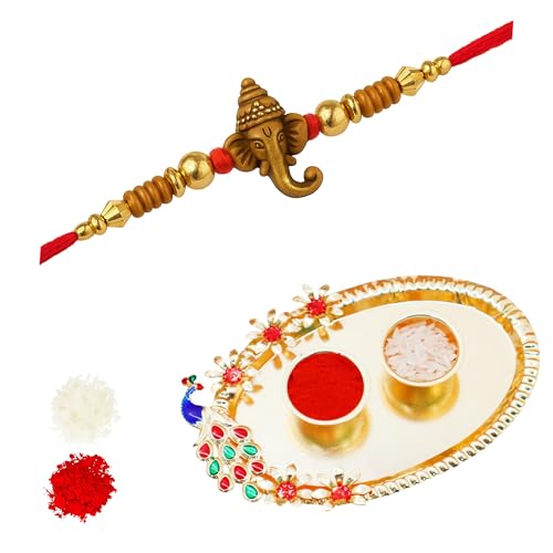 Image of JAIPUR ACE Ganesha Rakhi Gift Set | Wooden Beads Rakhi with Golden Peacock Pooja Thali & Roli Chawal | Perfect Rakshabandhan Gift for Brother, Bhaiya, Bhai, Bhabhi
