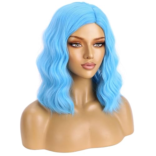 Image of BERON Blue Wigs for Womens Short Curly Wavy Wig Girls 14 Inch Sky Blue Colored Side Part Wigs Shoulder Length Heat Resistant Synthetic Cosplay Party or Daily Use Wigs