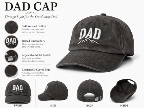 Image of Dad Hat for Men, Washed Cotton Baseball Cap with Brown Leather Patch, Adjustable