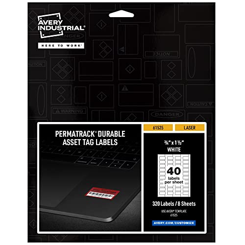 Image of Avery White Asset Tag Labels, 3 /4 inch x 1-1 /2 inch, Laser Printable Tags, 320 Waterproof Labels (61525)