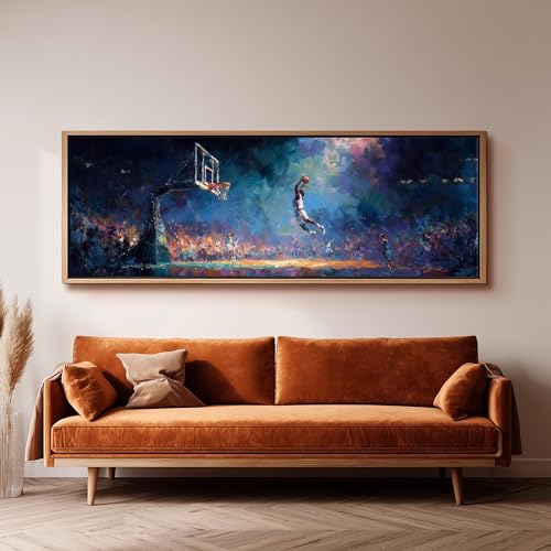 Tableau panoramique de dunk de basket-ball en toile impressionniste grand format pour salle de jeux
