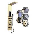ROVATE LED Shower Panel with Shelf, Brushed Gold Rainfall Waterfall Shower Tower with 6 Angle Adjustable Body Jets, Self-Cleaning Handheld, Powerful Shower Column Stainless Steel