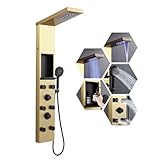 ROVATE LED Shower Panel Tower System with Shelf, Brushed Gold Rainfall Waterfall Shower Tower with 6 Angle Adjustable Body Jets, Self-Cleaning Handheld, Powerful Shower Column Stainless Steel