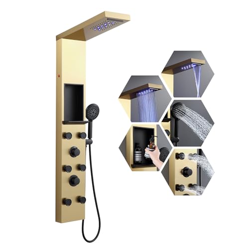 ROVATE LED Shower Panel Tower System with Shelf, Brushed Gold Rainfall Waterfall Shower Tower with 6 Angle Adjustable Body Jets, Self-Cleaning Handheld, Powerful Shower Column Stainless Steel