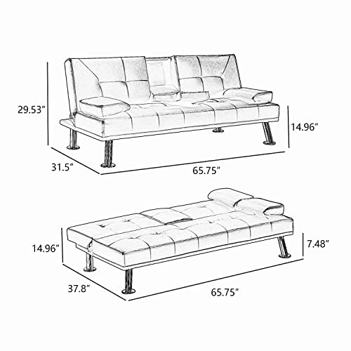 Hansones Futon Sofa Bed Modern Linen Fabric Couch Bed Loveseat Convertible Daybed With 2 Cup Holders And Removable Armrests For For Compact Living Space Apartment Dorm Office (Black) #TOP2