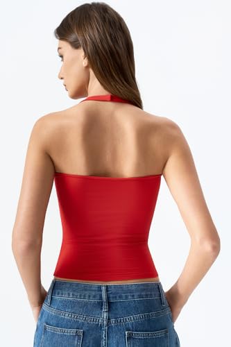 Image of QINSEN Womens Halter Top Double Lined Tank Top Sleeveless Open Back Slim fit Going Out Tops