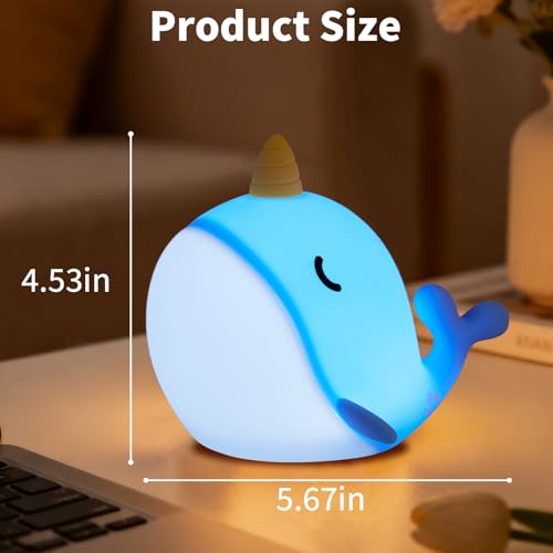 Image of Narwhal Night Light, USB-C Rechargeable Silicone Lamp with Tap Control, 3-Level Dimming & 30-Min Auto Timer, 7-Color Changing Squishy Nursery Light, Birthday Gift for Kids