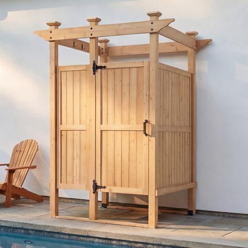 ECACAD Outdoor Shower Enclosure with Lockable Door Cedar Wood Outside Shower Stall with Hooks and Shelves Outdoor Privacy Changing Room for Pool & Beach Natural