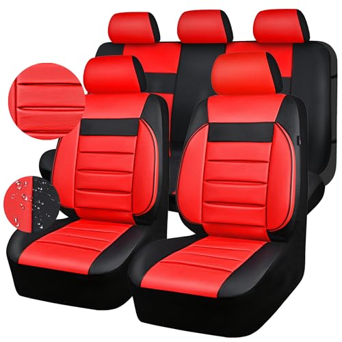 Image of CAR PASS Leather Seat Covers Full Set Universal Water Resistant 3D Foam Back Support, Luxury Comfort Automotive 5 Seat Covers All Season Fit for SUV,Sedan,Van, Airbag Compatible Elegance (Black Red)