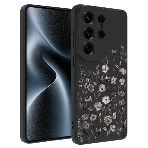 Image of Designed for Samsung Galaxy S26 Ultra Case for Women, Black Floral | Cute Flower Pattern Liquid Silicone Phone Case [Full Camera Protection] Slim Soft TPU Protective Cover