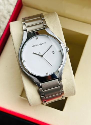 Image of AMERICANVIBER Men's Minimalist Watch, Silver Stainless Steel, White Dial with Crystal Accents, Analog Quartz Movement, Date Window For Men