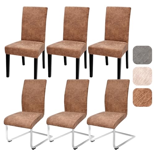 Alishomtll Dining Chair Covers Set of 6, Faux Suede Universal Stretch Chair Slipcovers, Washable Removable Chamois Leather Chair Protector for Dining Room Kitchen Banquet Wedding Party (Khaki, 6psc)