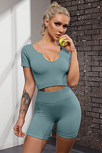 QINSEN Active Wear Outfits for Women Ribbed Seamless Sport Shorts Crop Tops 2 Piece Yoga Sets L - Image 7