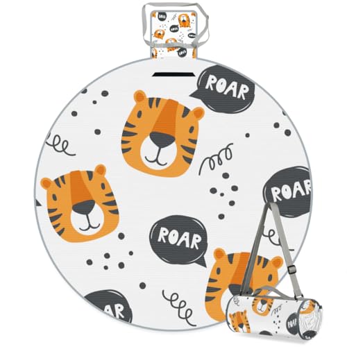 Shimoshe Cartoon Tiger Picnic Outdoor Blanket Foldable Waterproof Sandproof Beach Blanket Portable Water-Resistant Round Picnic Mat for Travel Camping Park Lawn