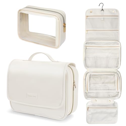 PACKISM Hanging Travel Bag for Traveling with Clear Makeup Bag - Soft Leather Waterproof Travel Toiletry Bag for Full-Sized Toiletries and TSA Approved Toiletry Bag, Off White (L)