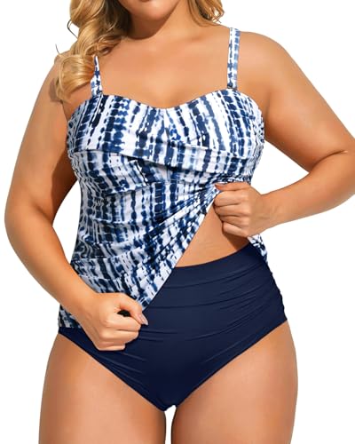 Aqua Eve Women Two Piece Plus Size Tankini Strapless Bathing Suits Bandeau Swimsuits with High Waisted Bottom, Blue Tie Dye, 18 Plus