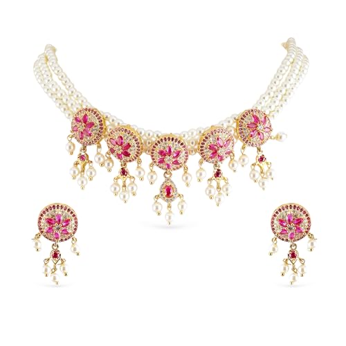 Image of Rubans Pearl Choker Necklace Set Ruby Pink Cubic Zirconia Bridal Wedding Jewellery Gift for Women & Girls