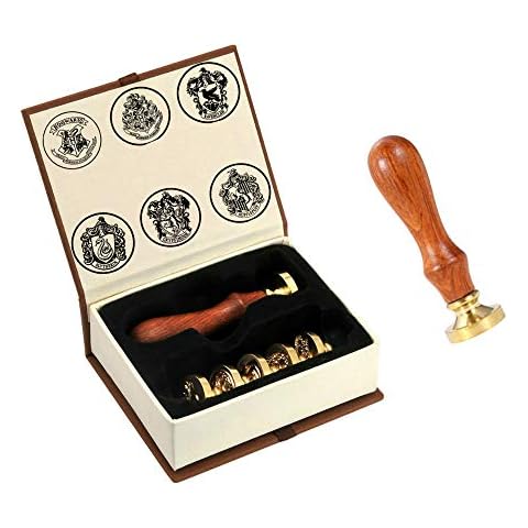 Wax Seal Stamp Set, ANBOSE Hogwarts Magic School Wax Seal Stamp Kit Including 6 Pieces Sealing Wax Stamps Copper Seals + 1 Wooden Hilt, Sealing Wax Stamp Kit with Gift Box Cover