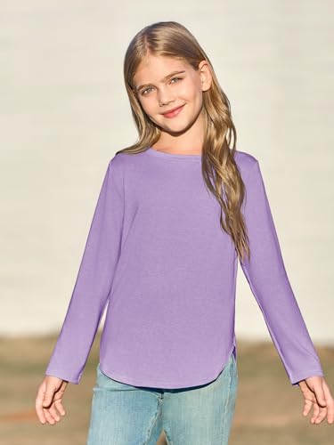 Image of Haloumoning Girls Long Sleeve T Shirts Kids Crewneck Tops 5-14 Years | Solid Color, Casual Loose Fit, Basic Tees, Curve Hem, Side Slit, Soft Tunic Tops, Fashion Clothes