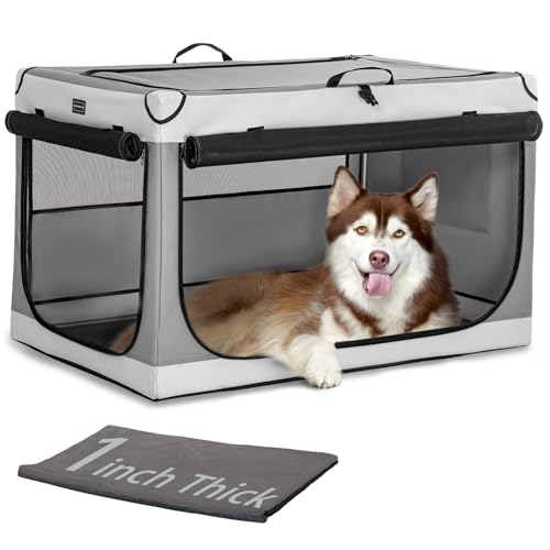 PETSFIT Collapsible Dog Crate, Soft Dog Crate - 40 Inch Easy Set-up, Light, Sturdy, Comfy Inside with Thicken Mat, Portable Kennel for Home and Travel Light Grey