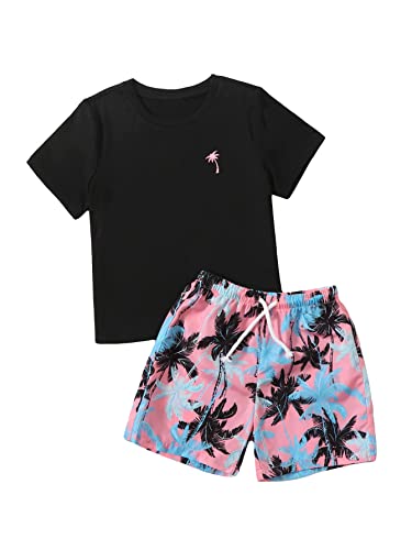 Image of WDIRARA Toddler Boy's 2 Piece Outfit Tropical Print Short Sleeve Tee and Shorts Set Multicolor 7Y