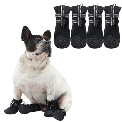 AuraPaw Small Dog Winter Booties, Waterproof & Anti-Slip, Breathable & Reflective, Dog Boots & Paw Protection for Winter Snow, Summer Hot Pavement, 4Pcs All-Weather Shoes for Outdoor, Size S, Black