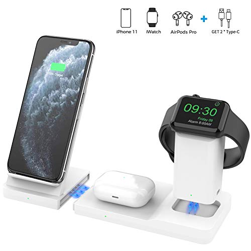 Hoidokly Chargeur sans Fil 3 en 1 Chargeur Induction Rapide QI Station de Portable pour Apple Watch Series 5/4/3/2/1 et AirPods 2/Pro/Samsung Buds, 7.5W pour iPhone SE2/11 Pro Max/11/XS/XR/X/8 Plus/8