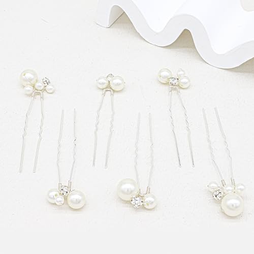 Oriamour 6 Pcs Hair Pins Bridal Hair Accessories Pearl Crystal Bobby Bridal Hairpin Wedding Hair Accessories Pearl Hair Pins for Brides Bridesmaids Flower Women (Silver, 3.5'')