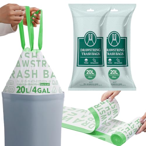 OKKEAI 60 Stück Müllbeutel 20l mit Zugband Reißfest Mülltüten Weiß Müllsäcke Kosmetikeimer Abfallsäcke mit Tragegriff