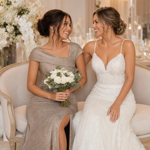 Image of Xscape Women's Long Bodycon Formal Evening Gown with Cap Sleeves, Asymmetrical Neckline, Ruched Bodice and Front Slit