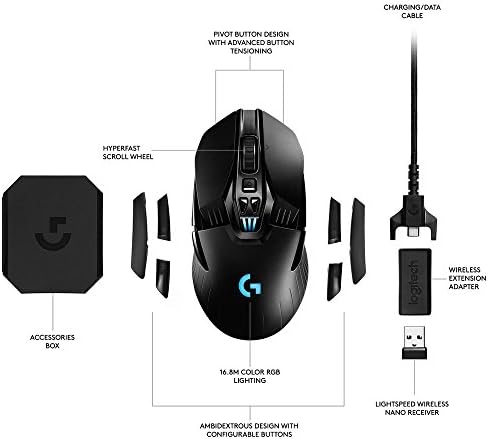 Logitech G903 LIGHTSPEED Wireless Gaming Mouse, 12,000 DPI, RGB, Lightweight, 7 to 11 Programmable Buttons, Long Battery Life, Compatible with PC / Mac - Black (German Packaging)