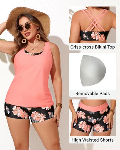 Image of Tempt Me 3 Piece Tankini Swimsuits for Women Athletic Bathing Suits Swim Tank Top with Boy Shorts and Bra Modest Swimwear