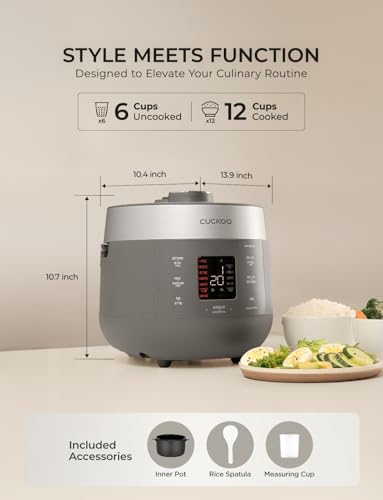 Image of CUCKOO Twin Pressure Rice Cooker 6-Cup Uncooked / 12-Cup Cooked with Nonstick Inner Pot, Versatile Rice Maker & Warmer with 16 Menu Options, Open Cooking Mode, Voice Guide, Gray (CRP-ST0609FG)