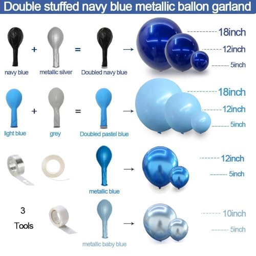 Image of Navy Royal Blue Balloon Arch Kit Double Stuffed Metallic Blue Balloon Garland Varied Sizes for Birthdays Baby Showers Graduations Weddings Proms More Special Occasions