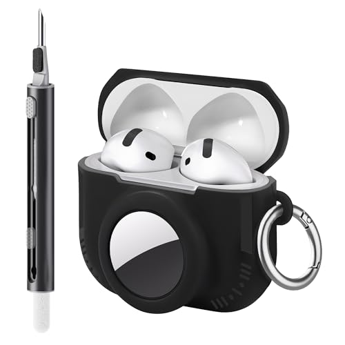 Seltureone Compatible with AirPods 4 and AirTag 2 in 1 Case Soft Silicone Protective Case Cover Compatible with AirPods 4th Generation with Cleaning Kit & Carabiner - Black