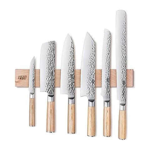 FINDKING 7PCS Kitchen Knife Set, with Wooden Magnetic Knife Holder, Elegant Japanese Chef Knives Set, Sharp Stainless Steel Blade, Pakka Wood Handle, for Daily Cooking (Michelia Series) Cover