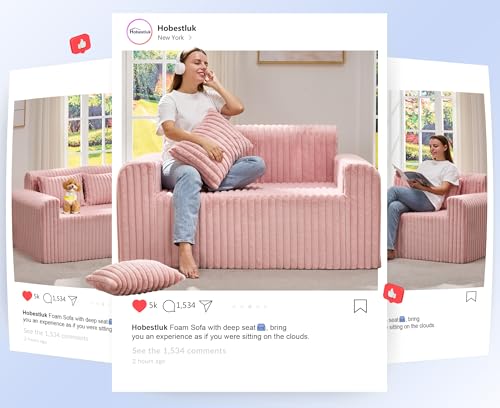 Image of Hobestluk Couch Sofa 2-Seater Foam Sofa Loveseat for Small Spaces Comfy Sofas with Removable Cover Furry Couch with Pillows for Living Room, Bedroom, Apartment, Office (Pink, Loveseat)