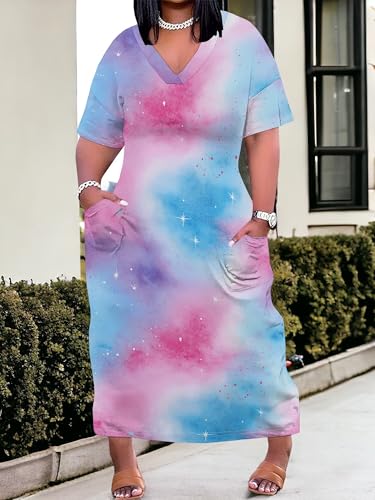 Image of PinkPatty Women's Plus Size Short Sleeve Maxi Dress Casual Loose V Neck Long Dress with Pockets
