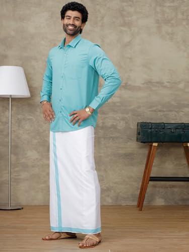 Image of RAMRAJ COTTON Men Full Sleeve Solid Shirt With Matching Border Dhoti|Ideal For Weddings And Occasion