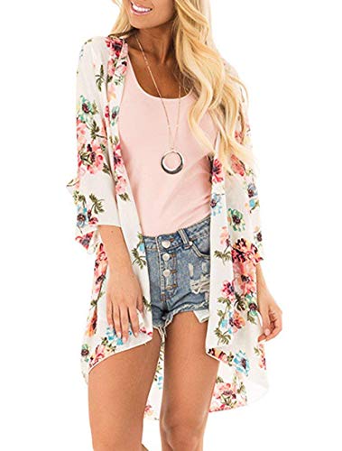 PRETTODAY Women's Floral Print Kimonos Loose Half Sleeve Shawl Chiffon Cardigan Blouses Casual Beach Cover Ups (XX-Large, Beige)