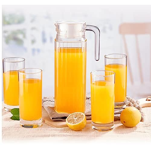 Image of bellemax Italian Premium Water and Juice Glasses Set of 6 and Jug Set Combo,(6 Pieces Glasses 350ML and 1 Water Juice Jug 1 Liter), Transparent, Glass and Jug Set (Lining A)