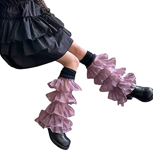 Image of Women Leg Warmers Ruffled Lace Patchwork Long Thigh High Socks Boot Cuffs Cover for Streetwear