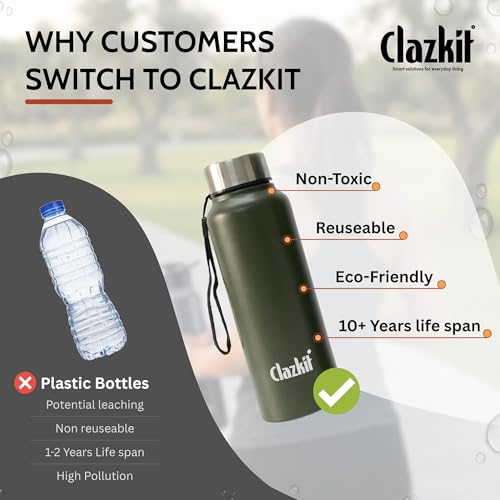 Image of Clazkit Alpha Pro Classic Stainless Steel Water Bottle Single Wall 750ml Set of 6 | Lightweight, Leak-Proof, Reusable | Ideal for School Kid, Office, Gym & Travel | Green