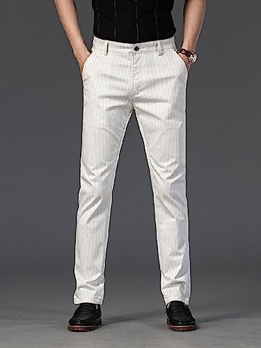 Banana Bucket Mens Summer White Striped Stretch Dress Pants,Casual Lightweight Slim Fit Business Golf Dress Pant2