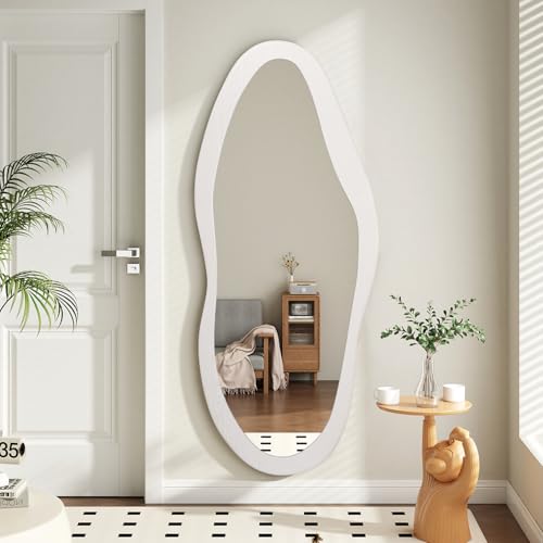 Image of AAZZKANG Irregular Full Length Mirror Wooden Asymmetrical Wall Mirrors Modern Large for Bedroom Dressing Room Living Room Entryway White 47 inchx20 inch