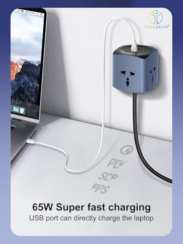 Image of T Teclusive 2500W Cube Extension Board Power Strip with USB C Ports | 3 Power Sockets with 65W Gan Type C USB QC PD Super Fast Charging | Multi Port Extension | 2M Power Cord
