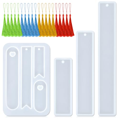 Resin Bookmark Mold - 4 PCS Reusable Multi-Shape Bookmarks Silicone Mold with 20 Pcs Colored Tassels for DIY Bookmarks Home Decoration Art Crafts Birthday Holiday Handmade Gift