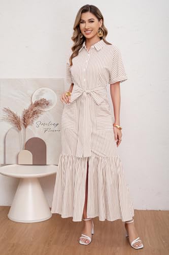 Image of utcoco Women's 2026 Summer Casual Striped Button Down Maxi Dress Tie Waist Short Sleeve Shirt Dress with Pockets
