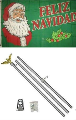 3x5 Merry Christmas Feliz Navidad Flag Aluminum Pole Kit Set - Party Decorations Supplies For Parades - Prime Outside, Garden, Men Cave Decor Flag