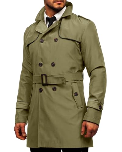 Image of Makkrom Men's Trench Coat Slim fit Double Breasted Notched Lapel Belted Windbreaker Long Jacket Casual Windproof Overcoat